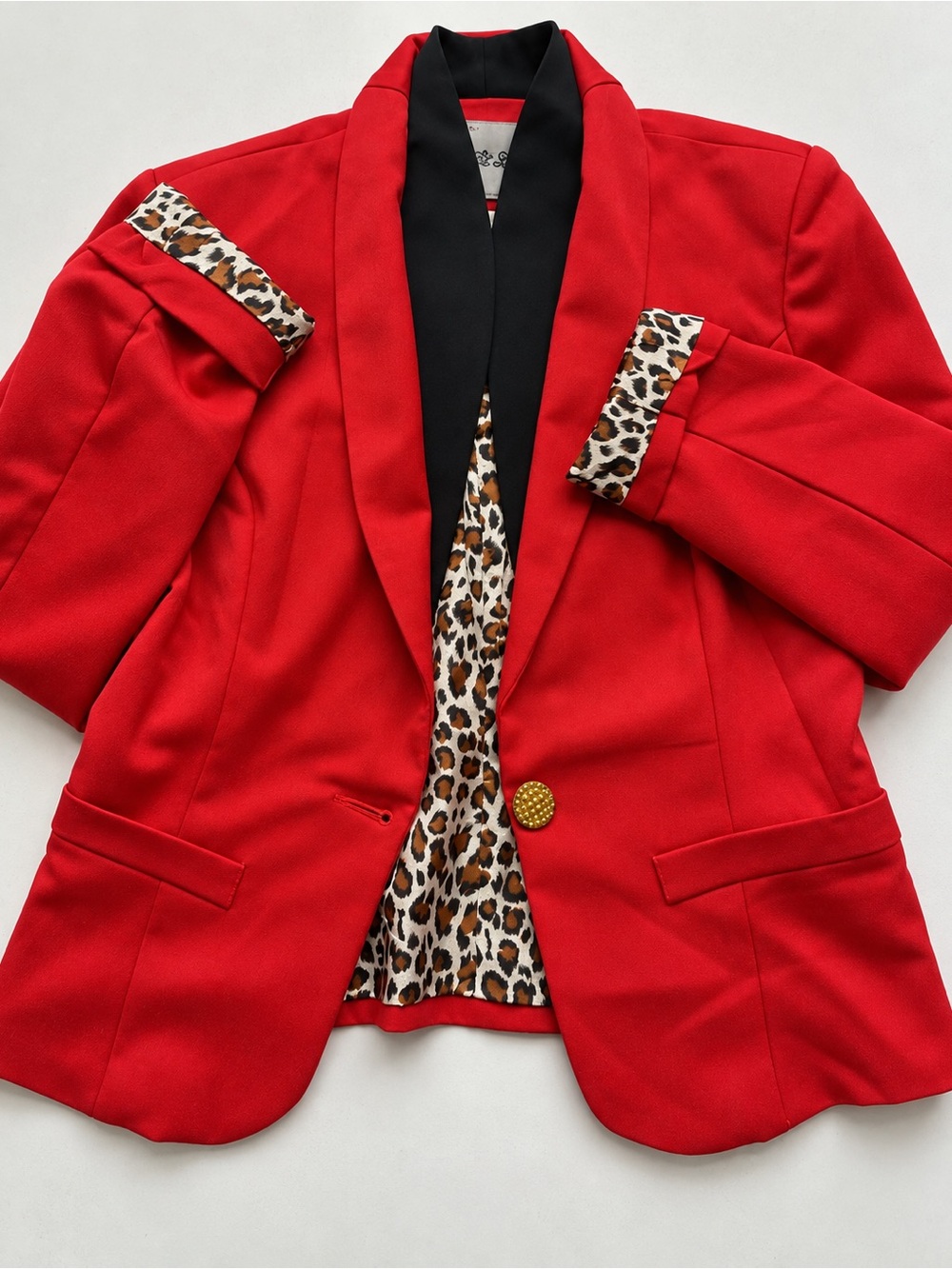 Women's Red Blazer with Leopard Trim